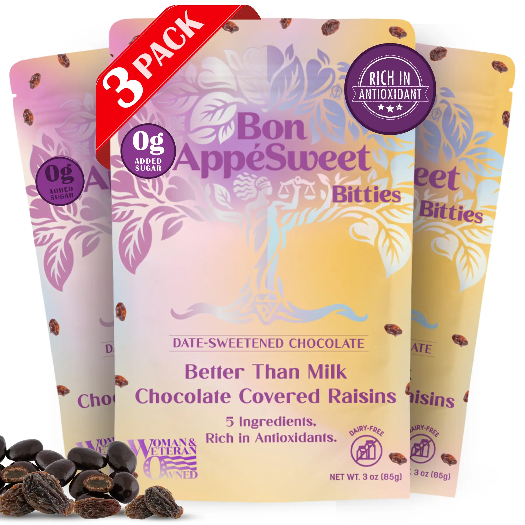 Bon Appesweet Date Sweetened Chocolate Covered Raisins | Better Than Milk Chocolate Covered | 3 Ounce | Zero Added Sugar, 54% Cacao, Plant Based, Dairy Free, Limited Ingredients, and Guilt Free!