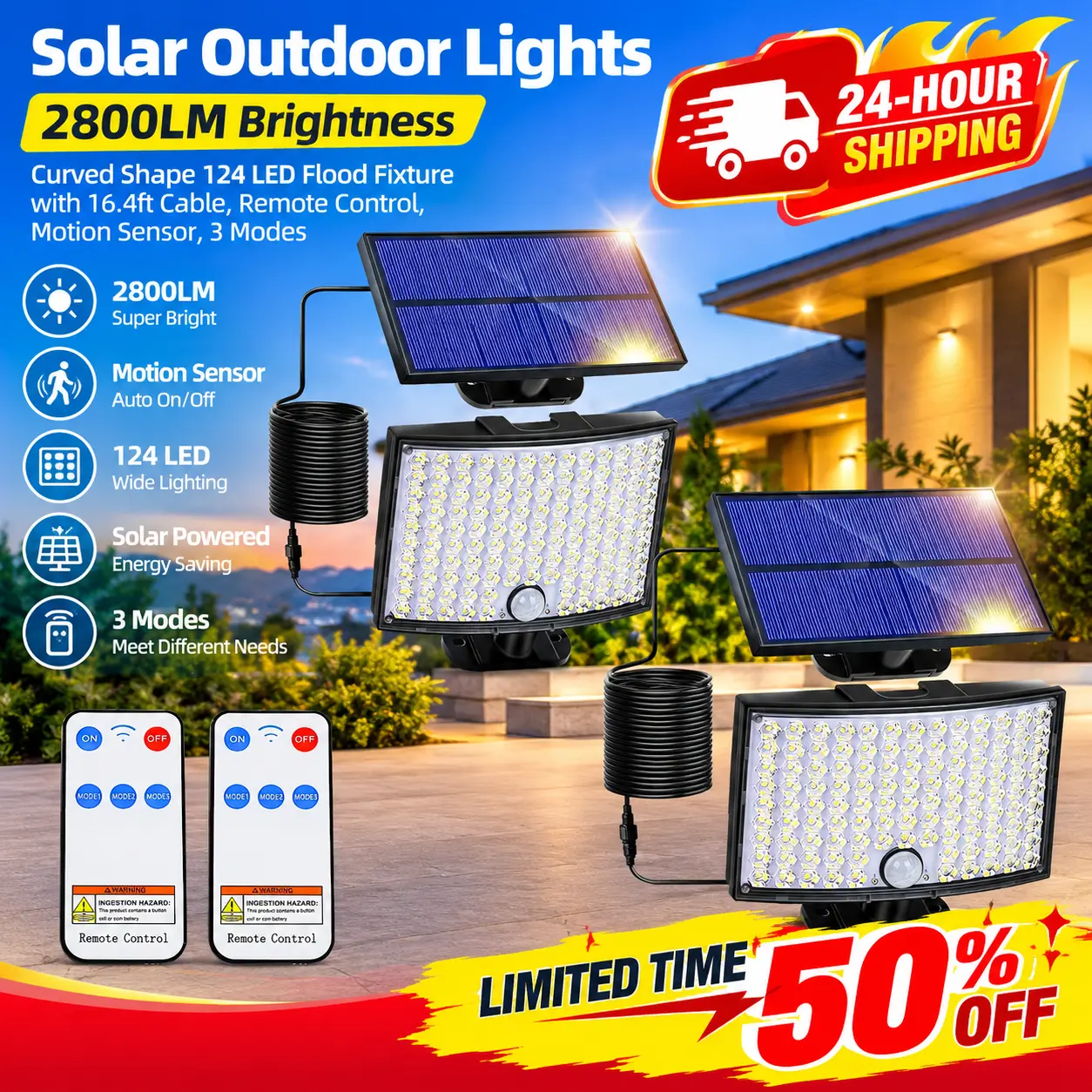 Solar Outdoor Lights, 2800LM Brightness Curved Shape 124 LED Flood Fixture with 16.4ft Cable, Remote Control, Motion Sensor, 3 Modes Solar Powered Security for Patio, Yard