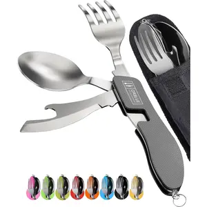 4-in-1 Camping Utensils, 2-Pack - Portable Stainless Steel Spoon, Fork, Knife & Bottle Opener Combo Set - Travel, Backpacking Cutlery Multitool, Gray