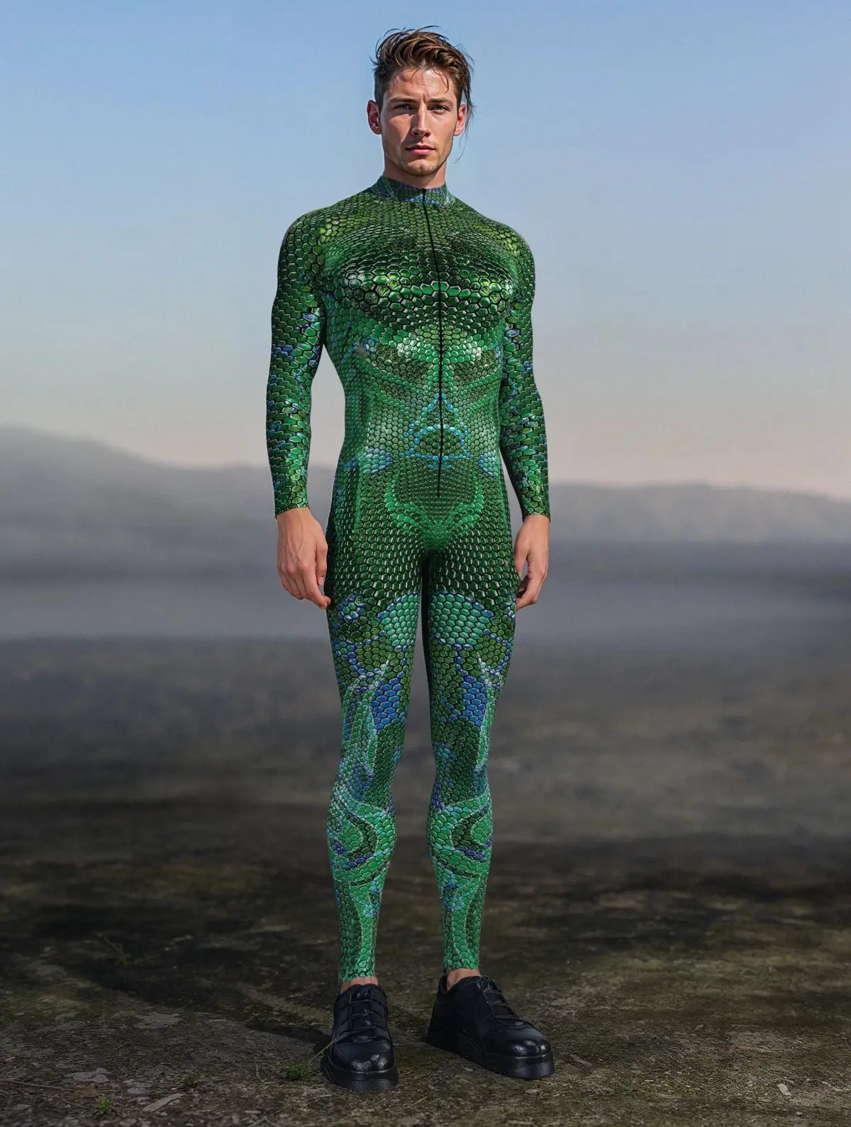 Women's Stretch American Flag High Neck Overalls - Green Elastane Spandex Full-Body Digital Print, All Seasons, Halloween Cosplay, Casual Wear, Costumes, Turtleneck, Lady, Women's Clothes