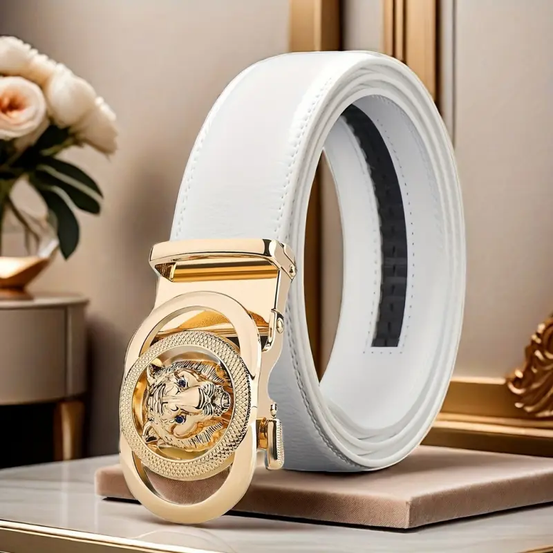 Men's White Ratchet Belt with Detachable Gold Lion Head Buckle, Adjustable Automatic Dress Belt for Business & Casual Wear, Mens Father's Day Gift, Waist Belt, Father's Day Gifts