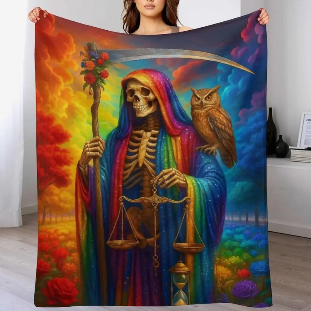 La Santa Muerte de las 7 Potencias Flannel Blanket, Day of the Dead Art Print Pattern, Soft Cozy Lightweight Warm Skin-Friendly, Multi-Functional for Home Decoration, Daily Use, Gifting