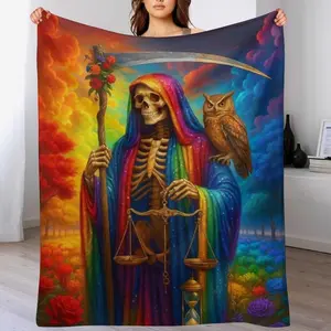 La Santa Muerte delas sieete potencias Flannel Blanket, Day of the Dead Art Print Pattern, Soft Cozy Lightweight Warm,A multi-functional and beautiful blanket suitable for decoration, use and as a gift. Add some fun to your home