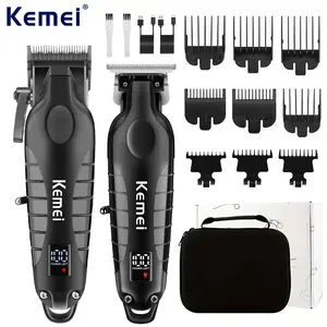 Kemei 2-piece professional wireless hair clipper and trimming set 2290 2293 rechargeable lithium battery Zero Gap T Blade shaping tool for men's home and salon, men's professional hair clipper, hair trimming set, USB Rechargeable Trimmer, Usb Fade Clipper