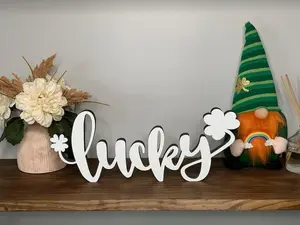 Lucky Freestanding Wood Sign, Shelf Desk Floating Shelf Decor, St. Patrick's Gift, New Home Gift, Home Decor