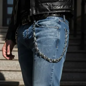 New Men Women Wallet Chain Biker Long Fashion Jeans Keychain Links Skull Charms Silver Color 20" Metal Chain Links Clasp Ring
