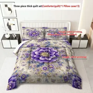 3-Piece Floral Vintage Quilt Set, Soft Breathable Digital Print Polyester Bedding (1 Quilt with Filler + 2 Pillowcases)