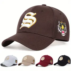 Unisex Gothic Letter S Side Tiger Embroidered Baseball Cap Outdoor Adjustable Sunscreen Leisure Hat Travel Tourism Beach Vacation
