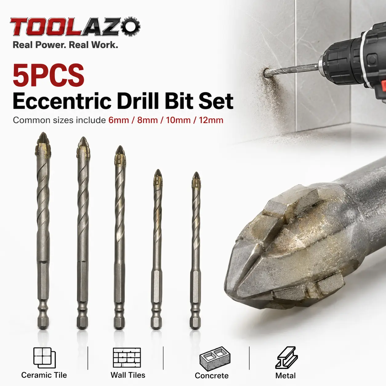 TOOLAZO 5PCS Eccentric  Bit Set, Carbide Crooked Tip  Bits for Glass, Tile, Ceramic, Brick, Concrete, Granite, Cement, Hard Plastic and DIY Drilling, Common Sizes Include 6/8/10/12mm diamond porcelain segs heavy duty angle wheel countersink drill power