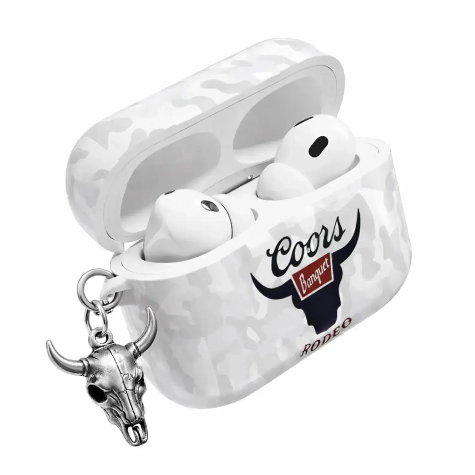 Banquet Rodeo AirPods Case – White Camouflage Design with Bull Head Logo & Metallic Skull Charm, Fits AirPods Pro (Gen 123) & AirPods (Gen 1234), Perfect Gift for Western & Rodeo Style Fans