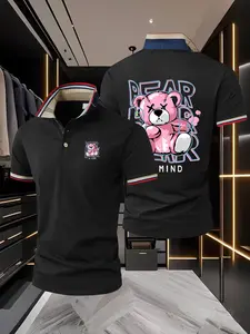 Men's Contrast Collar Polo Shirt, Cartoon Bear Print Streetwear T-Shirt, Slim-Fitting Casual Top, Fashionable Summer Clothing
