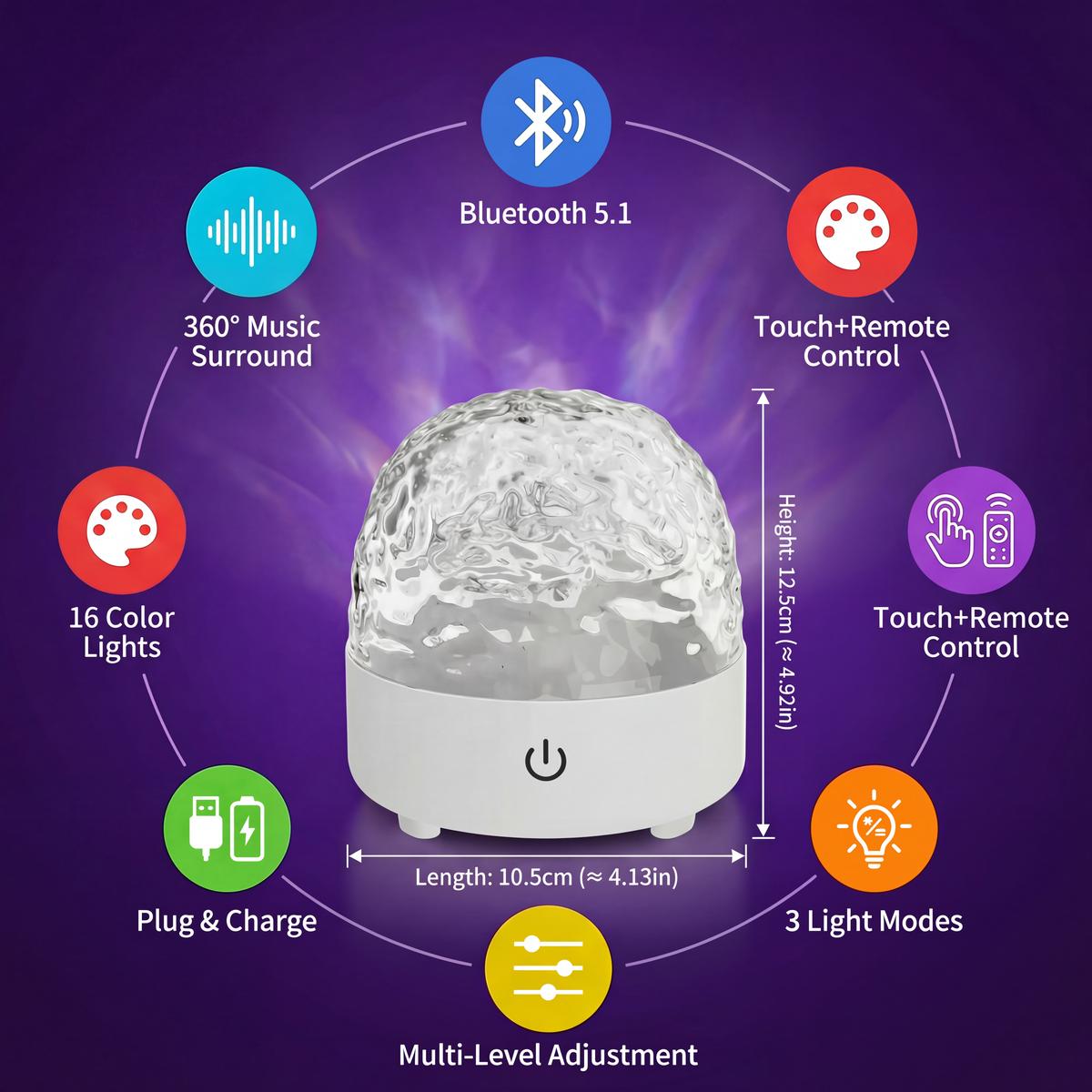 16-Color Star Projector Light with Built-in Bluetooth Speaker, 3D Surround Sound, Music Sync, Romantic Ocean Wave & 3D Water Ripple Atmosphere Lamp