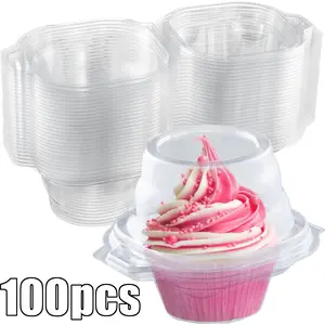 100Pcs Plastic Clear Cupcake Boxes, Disposable Single Cupcake Holders with Dome Lid, Individual Cupcake Containers, Stackable Muffin Carrier for Wedding Shower