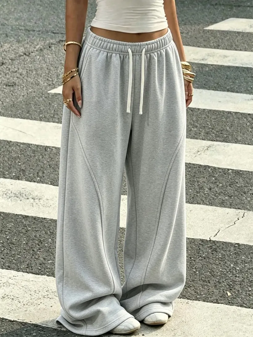 Women’s solid knit casual athletic pants, drawstring straight sweatpants, comfortable breathable fabric, women’s bottoms, street style outfit, no back pockets design