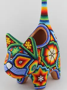 Handmade Handcrafted Wixarica Huichol Kitty Cat Multicolored Planter
