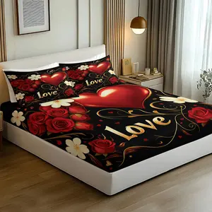 Love rose printed pattern bed sheet, comfortable printed pattern, including 1 bed sheet and 2 pillowcases, comfortable bedding, anti slip dust cover suitable for bedrooms and guest rooms, suitable for adult gifts