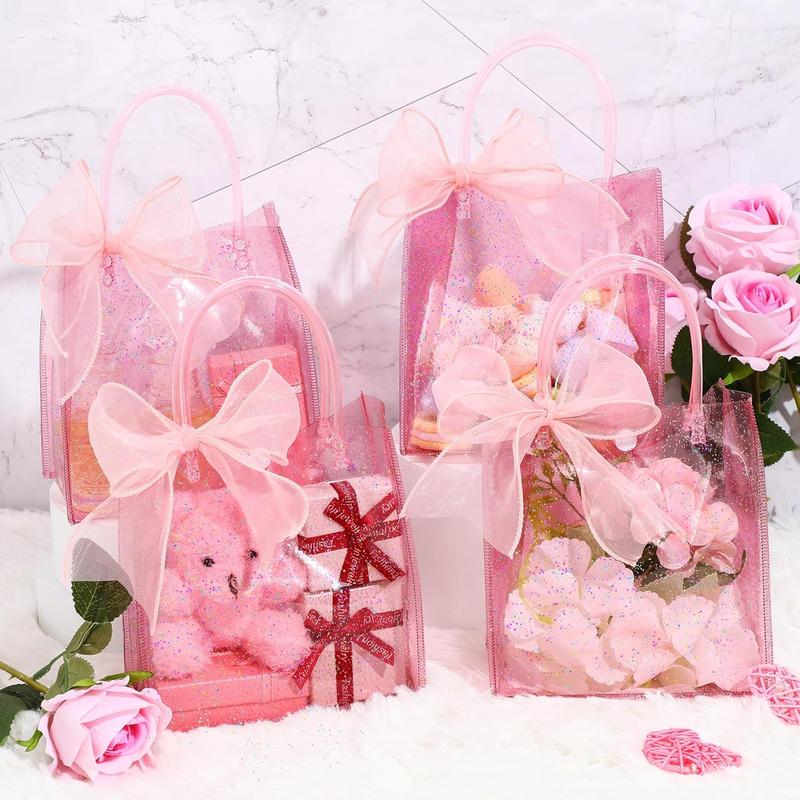 24 count Clear   Bags with Handles 6.1 x 5.9 x 2.8 Inch Wedding Transparent Glitter Tote with Ribbons  PVC  Wrap Bags for  Bridal Shower Birthday Party