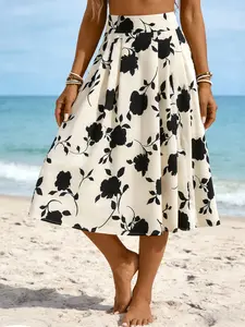 Sweet Spicy Vacation Style High-Waisted Midi Skirt, Vintage French Style Floral, Loose Beach Casual A-Line Skirt
