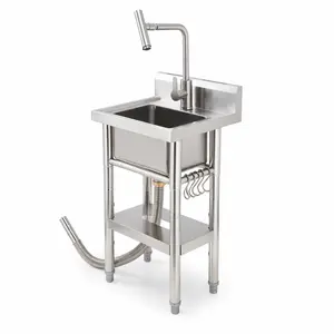 Freestanding Stainless Steel Utility Basin Single Deep Bowl with T-shaped Faucet with Storage Shelf & Drain Kit for Garage Kitchen Backyard Commercial Use
