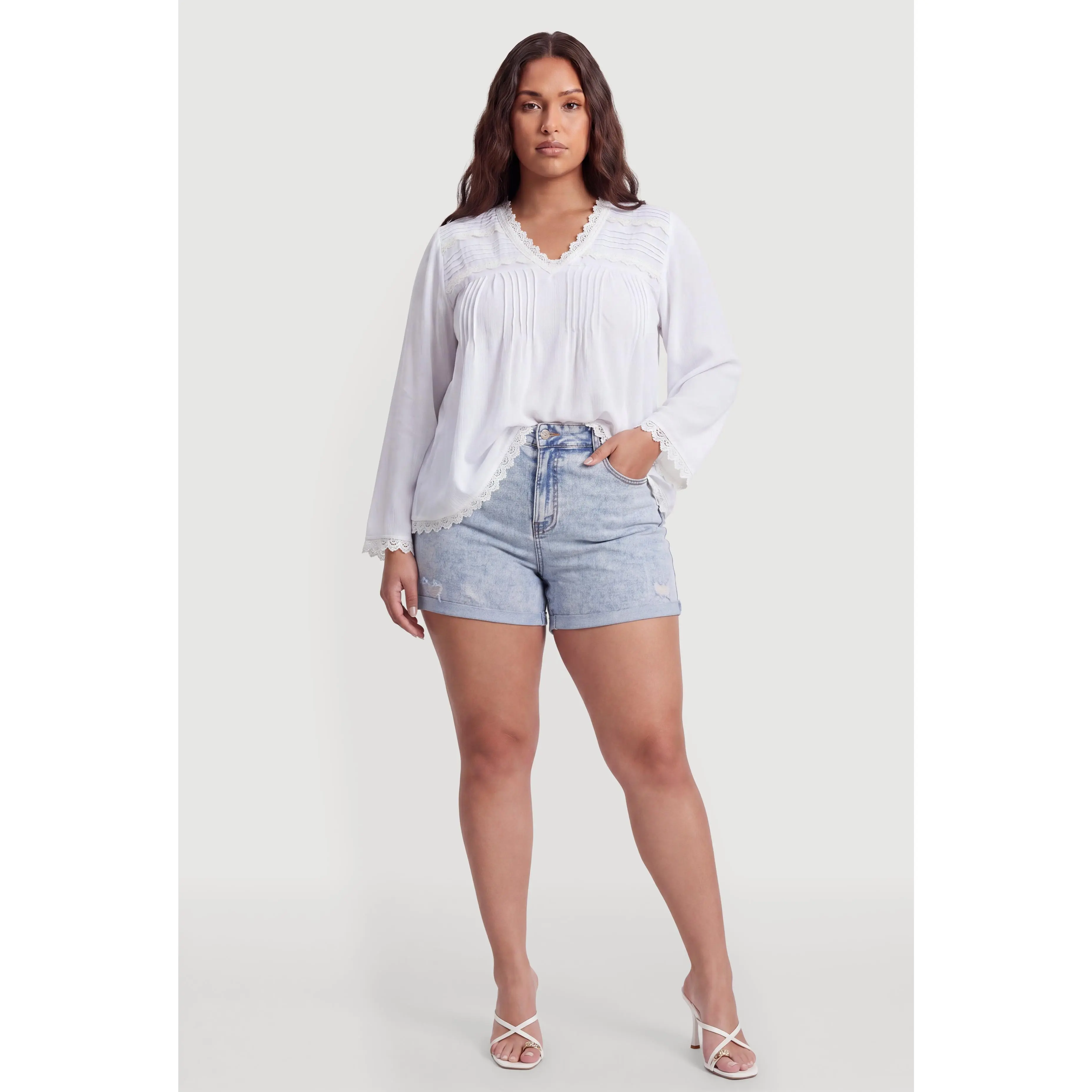 Plus Size Crochet Trim Long Sleeve Blouse