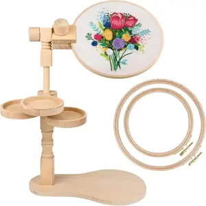 Adjustable Embroidery Hoop Stand-Rotated Frame Stand with 6'' & 8'' Embroidery Hoops and 3 Bowls for Needlework Supplies, Hoop Holder for Hand Embroidery