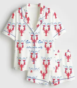 Women’s Fisherman Aesthetic Dalce Vibes Coastal Lobster Ocean Italian Girl Travel Wine Champagne Short Sleeve Satin Pajama Set, Satin Sleepwear for Adults, Cute Graphic Nightwear