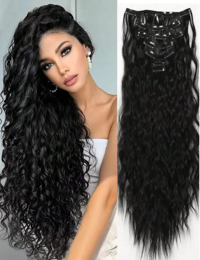 Clip In Hair Extensions Black Color 16 CLips 22 Inch Long  display picture 3