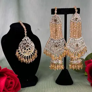 Desi Punjabi Style Jhumka Earrings with Ear Chain & Tikka Set - Traditional Design for Versatile Wear at Any Occasion