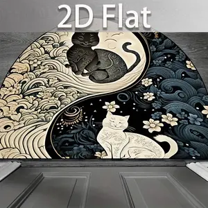 2D Flat Yin Yang Cat Pattern Rug Non-Slip Half Round Door Mat, Versatile Placement, Suitable for Entrance Hall, Balcony, Garage, Corridor, Outdoor Patio