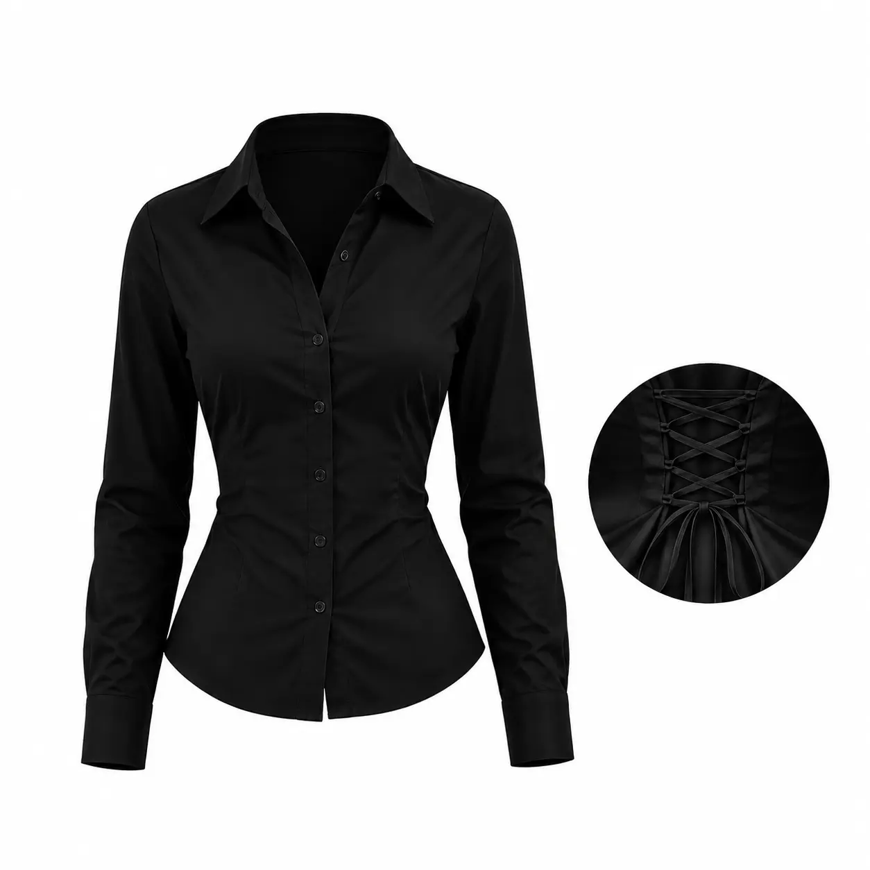Elengatine Women's Polyester Blend Collared Long-Sleeve Fitted Button-Front Blouse - Lace-Up Back Corset, Aesthetic Slim-Fit Fashion Apparel, Date Night Top for Party, Club Wear, Sexy, Style, Shirt, Corset Tops, Turn-Down