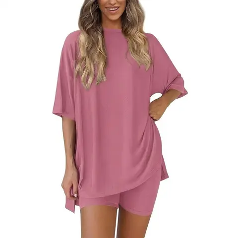 Phefee Women's 2-Piece Biker Short Loungewear Set - Knit Aesthetic Streetwear Tee, Cozy Ootd Baggy Oversized Round Neck Top, High Waist Elastic Fabric Activewear Pajama Set