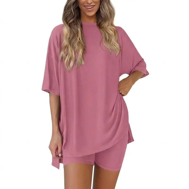 Phefee Women's 2-Piece Biker Short Loungewear Set - Knit Aesthetic Streetwear Tee, Cozy Ootd Baggy Oversized Round Neck Top, High Waist Elastic Fabric Activewear Pajama Set