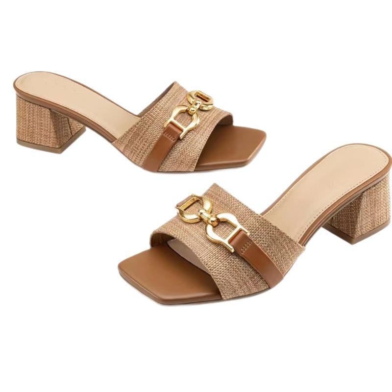 Women's Raffia Heeled Sandals Square Open Toe Slip On Mules Chunky Block Heels with Metal Chain for Summer Vacation
