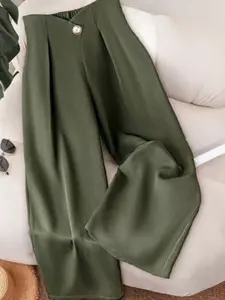 High Waist Olive Wide Leg Pants, Vintage Buttons, Chic, Perfect for Daily Commute or Light Social Occasions, High Class Style