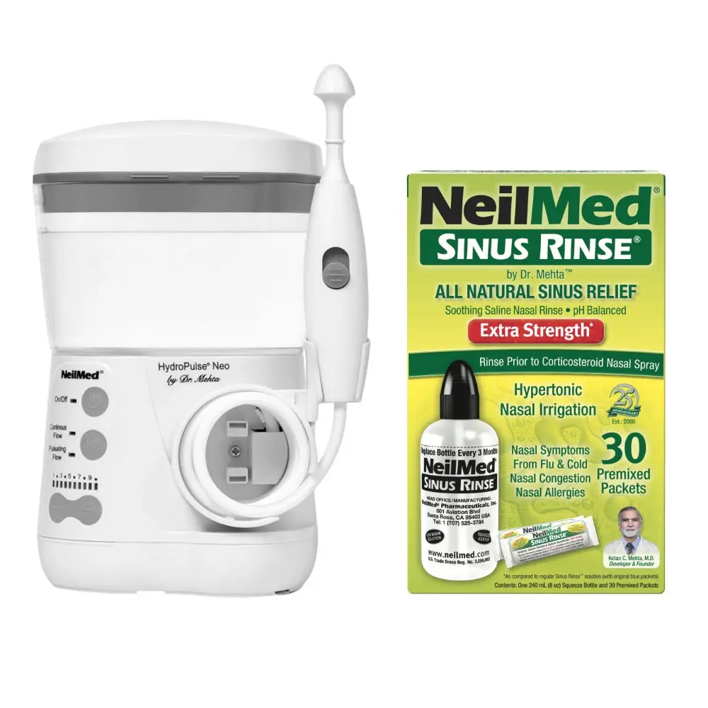 NeilMed HydroPulse Neo Multi-Speed Pulsating Nasal Irrigation System with Sinus Rinse Extra Strength Hypertonic Kit, 30 Premixed Packets