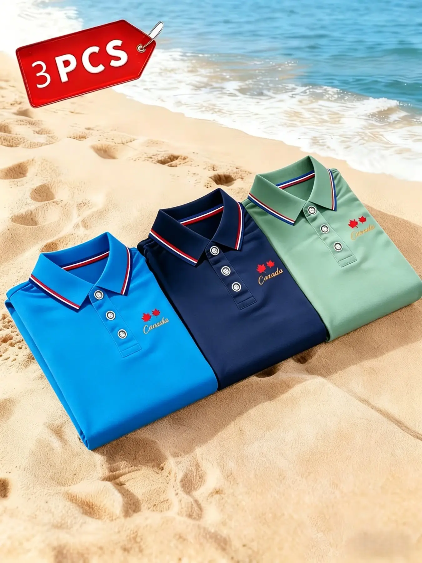 Men's Canada Short Sleeve Casual Summer Polo Shirt Top, Cool and Comfortable, Soft Breathable Striped Collar T-Shirt with Button Details, 3-Pack Set, Multiple Colors, Polo Shirts Set