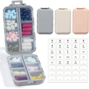 3 Pack, 14 GRIDS Travel Pill Organizer Box with Labels - Travel Medicine Case Kit - Pocket Daily Pharmacy Container - Travel Medication Holder Dispenser for Fish Oil Vitamin Supplement Storage