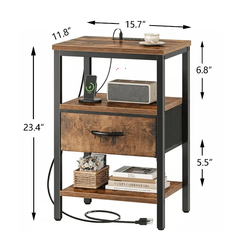 Rustic Wood Finish Nightstand with Charging Station - Rust Accents, Charging Port, Rectangle Shape, Grain Texture, Drawer & Shelves, Power Outlet Side Table for Bedroom, Living Room, With Drawer