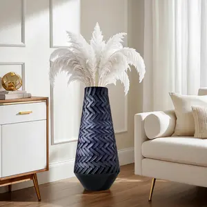 Hand-blown Glass Vase with Hand-carved Textures Unique Wide-mouth Vase Modern Art Decor Style Glass Flower Vessel Suitable for Home Living Room Office Desktop Decoration Bookshelf Display and Wedding Decoration