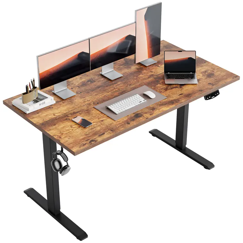 Electric Height-Adjustable Standing Desk - Modern Wood Desk, Sturdy Steel Frame, 28.3'' to 45.7'' Height, 39.4 x 23.6, Memory Preset, Hooks, Anti-Collision Feature, Space-Efficient for Home Office Bedroom (White, Black, Rustic Brown, Dark Walnut)