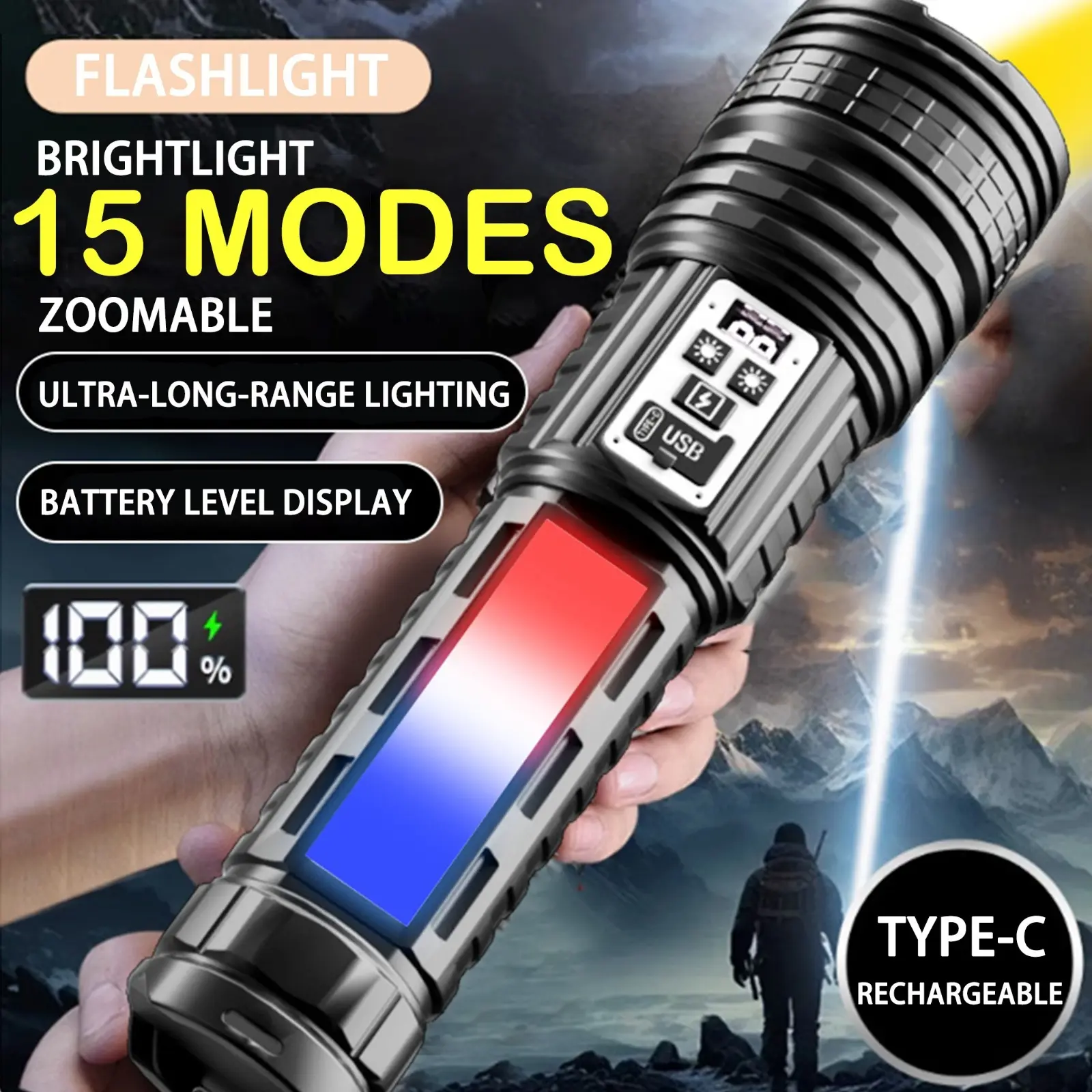 Rechargeable LED Flashlight - Super Bright, COB Side Light, USB-C Port, ABS & Alloy Ultra-Durable Tactical Design, 5 Adjustable Modes, Secondary (Rechargeable) Portable Lighting Solutions for Camping, Emergencies