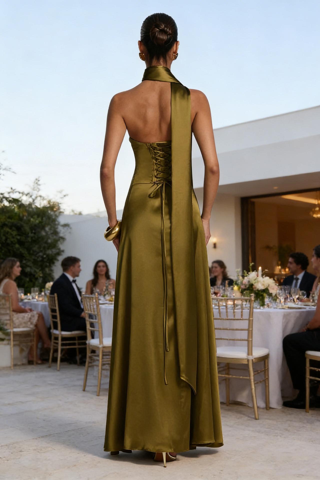 Womens Backless Tube-Top Waist-Cinching Evening Gown Long Dress
