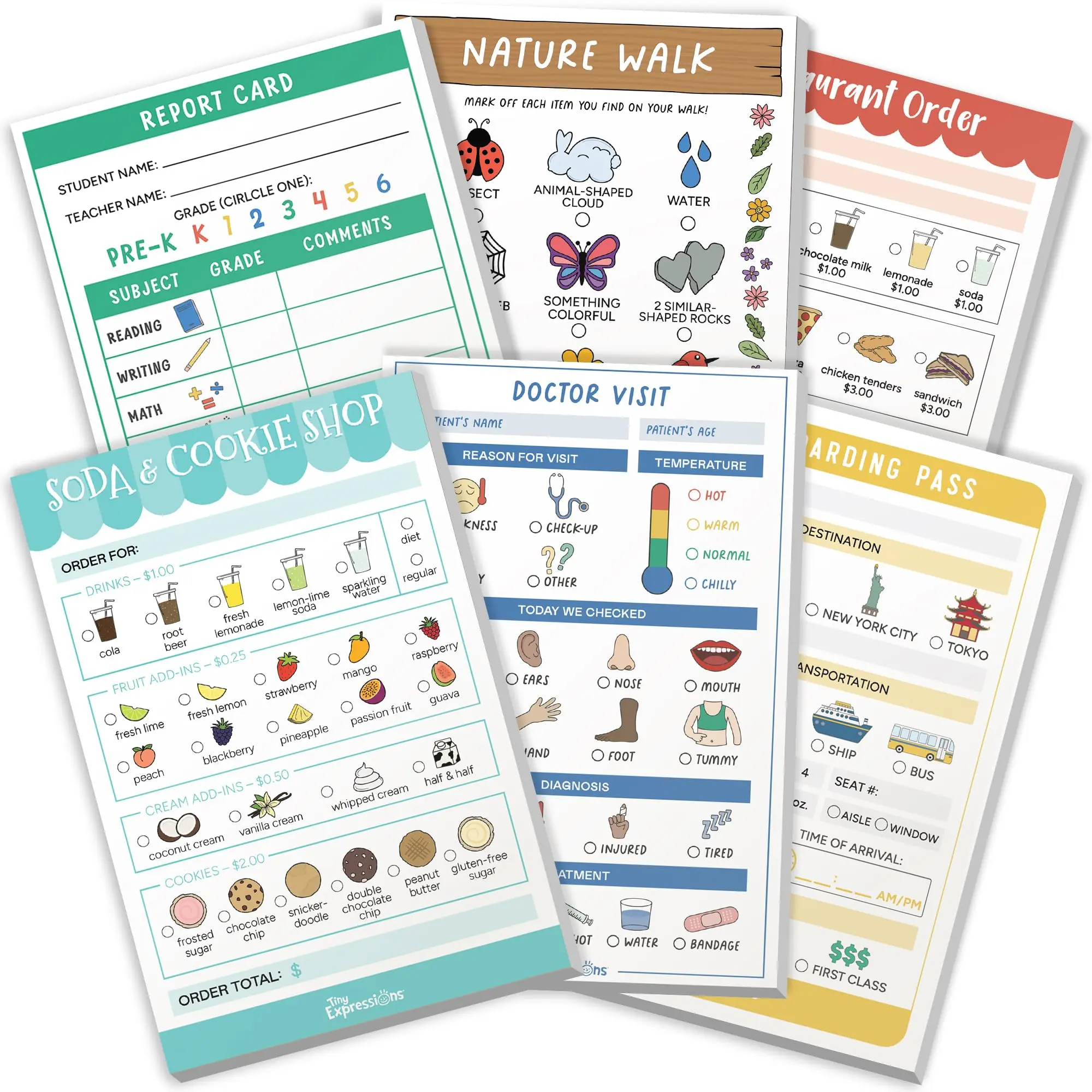 Kids Learning Materials 6-Count Playtime Notepads, 40 Durable Tear-Off Pages, Imaginative Role Play Supplies for Preschoolers, Ideal for Party Bags & Gifts, Boosts Creativity & Social Skills