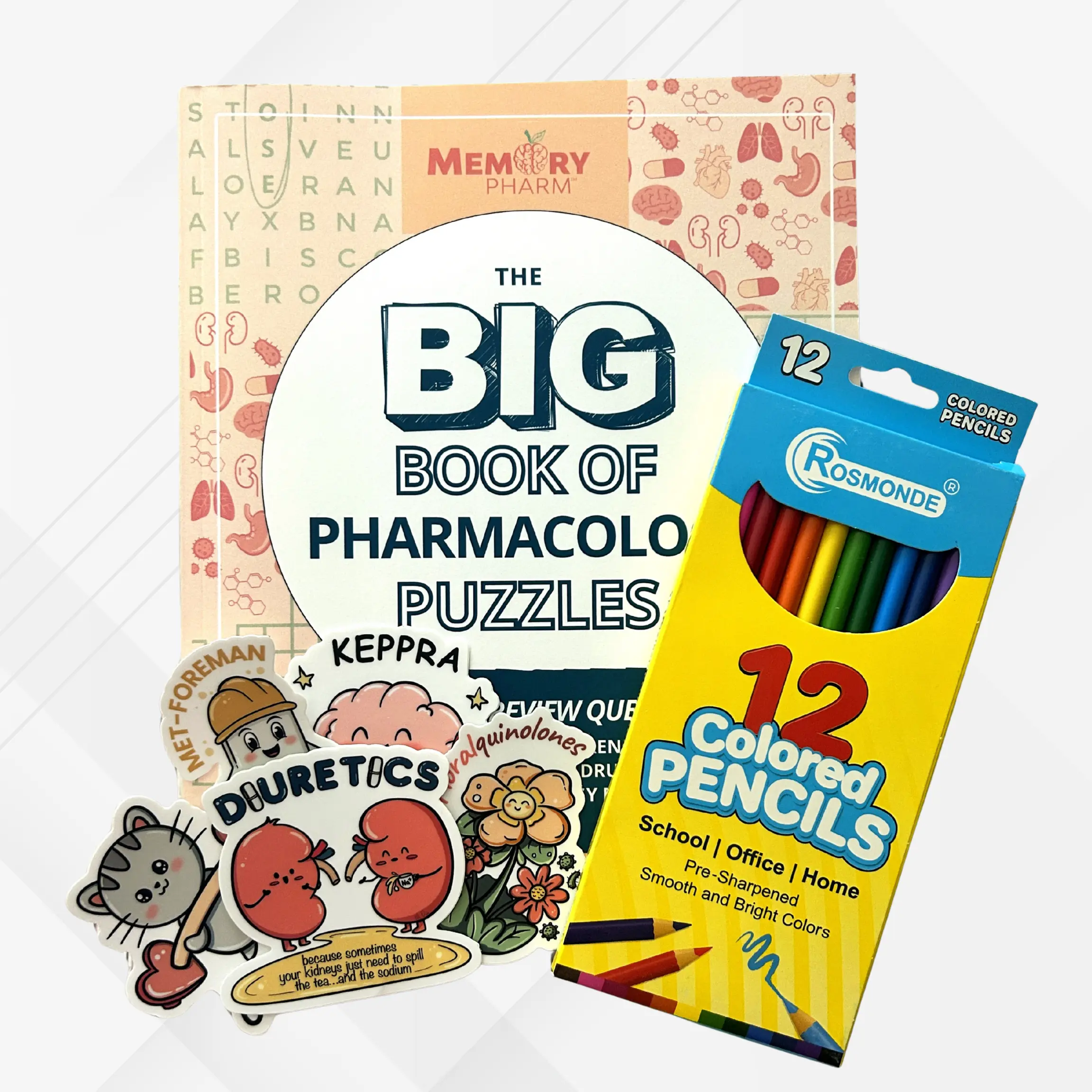 The Big Book of Pharmacology Puzzles Bundle (Stickers + Color Pencils)