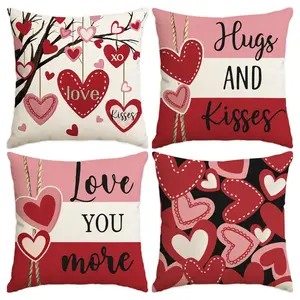 Valentine's Day Themed Cushion Cover, 4 Counts/set Heart & Love You Letter Pattern Cushion Cover, Decoration Supplies for Home Living Room Bedroom