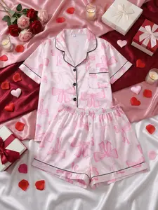 Elegant Women's Sleepwear Set, Bow Print Pajamas with Button Neckline Short Sleeve Top & Elastic Shorts, Casual Home Wear