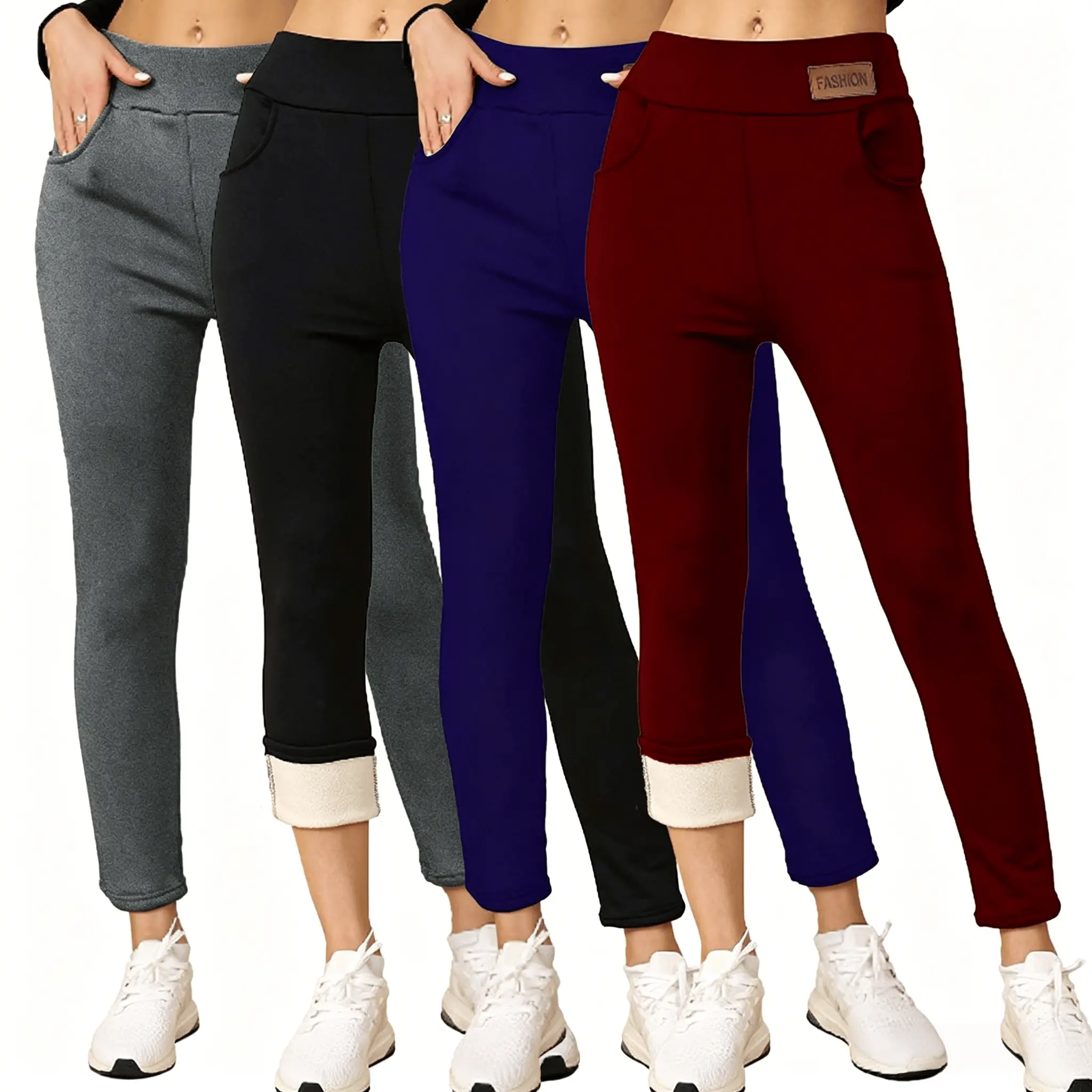 Women's Winter-Chic Plush-Lined Sports Leggings - Warm, Durable, Mid-Elastic, Easy-Care Pants with Pocket for Outdoor Activities