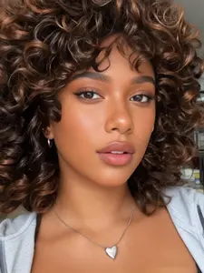Curly Wigs for Black Women Brown Short Length Curly Wig with Chic Bangs Soft Afro Kinky Curly Synthetic Wig for African American Women