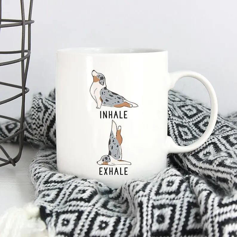 Inhale Exhale Australian Shepherd Yoga Coffee Mug, Aussie Dog 11 oz Coffee Mugs, Funny 15 oz Coffee Mug, Yoga Teacher Gifts Cup, Yoga Gift