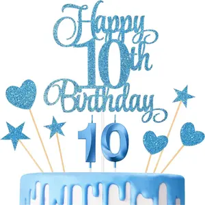 10th Birthday Cake Decorations, 10th Birthday Candles Cake Numeral Candles and Glitter Happy 10th Birthday Cake Toppers Set for Birthday Party Supplies (Blue)
